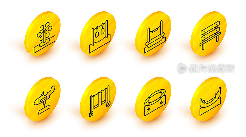 设置线船秋千，跳跃蹦床，双人，秋千飞机，长凳，蹦极，体操环和摩天轮图标。向量