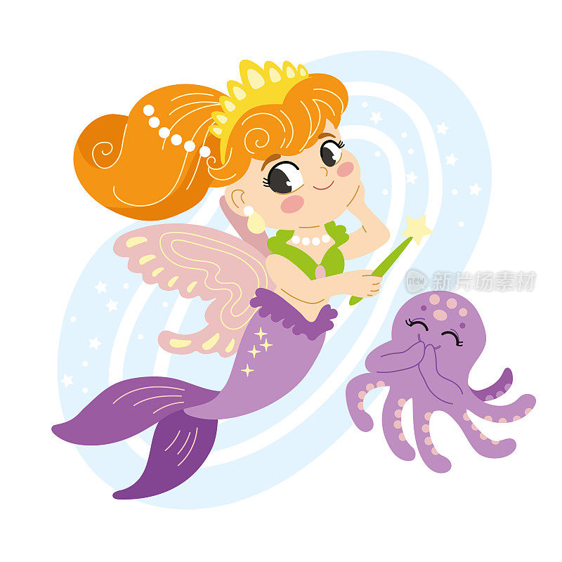 可爱的卡通美人鱼仙女和章鱼矢量插图