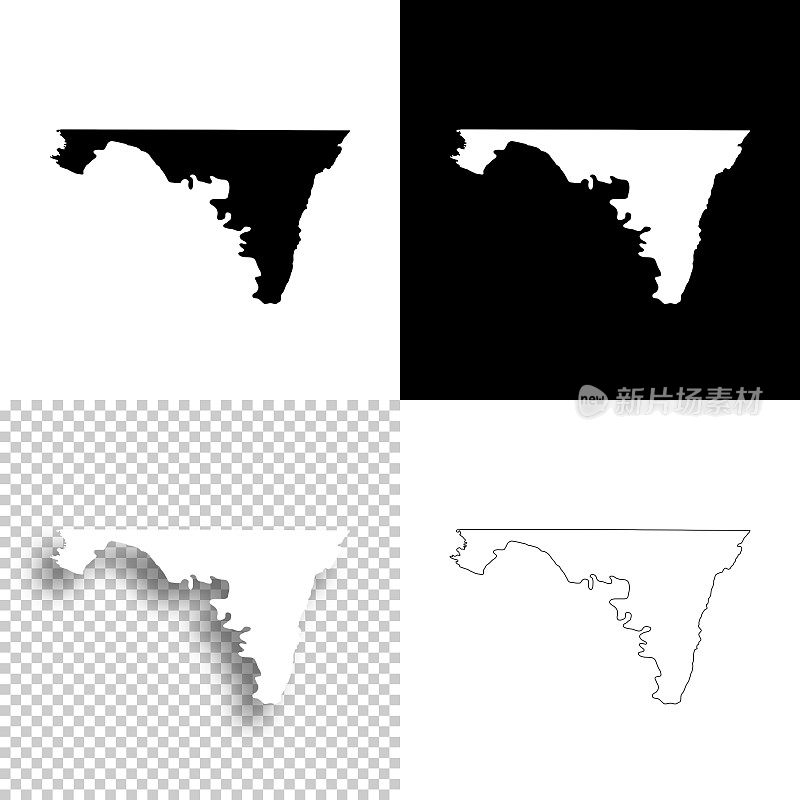 马里兰州华盛顿县。设计地图。空白，白色和黑色背景