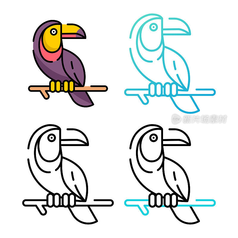巨嘴鸟图标设计在四个变化的颜色