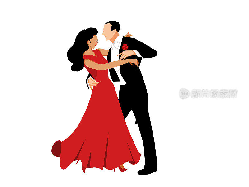 一个女人和一个穿着带花燕尾服的男人跳舞