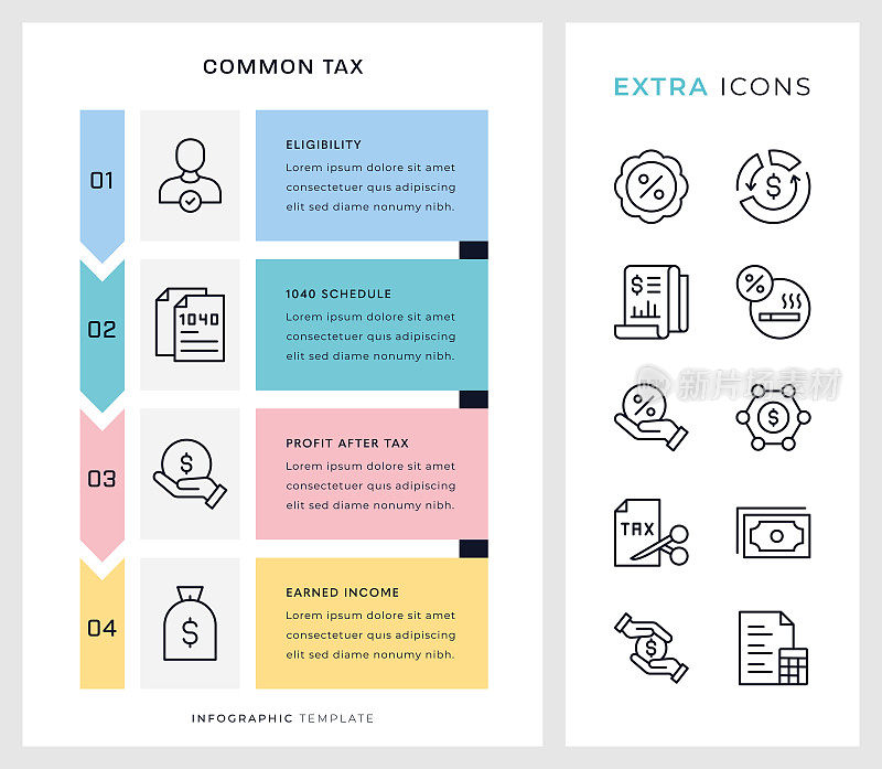 常见的税务信息图模板和线条图标。