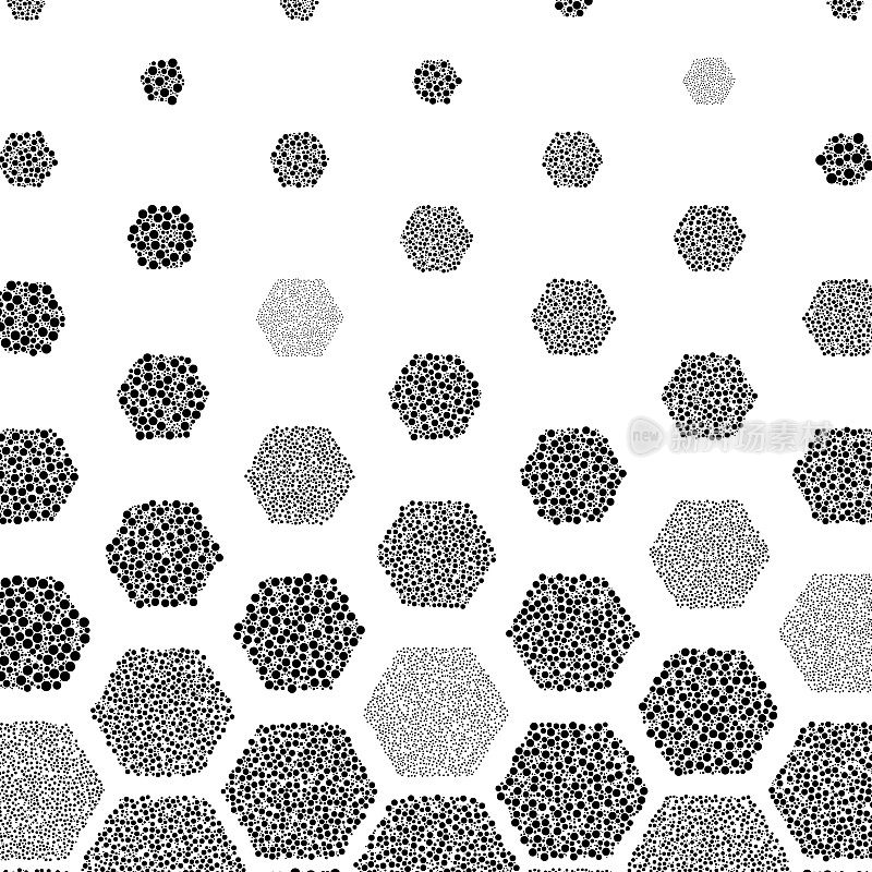 由不重叠的点填充的六边形图案，显示垂直大小梯度。