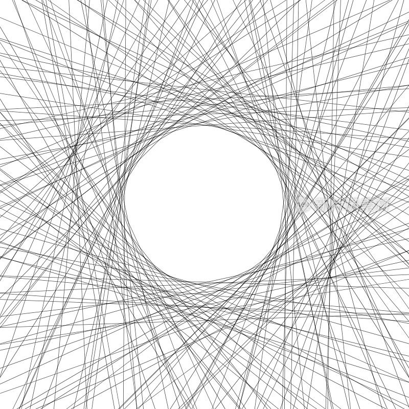 一个抽象的圆形网的细线创造了一个中心空间，体现了复杂性和混乱的秩序。