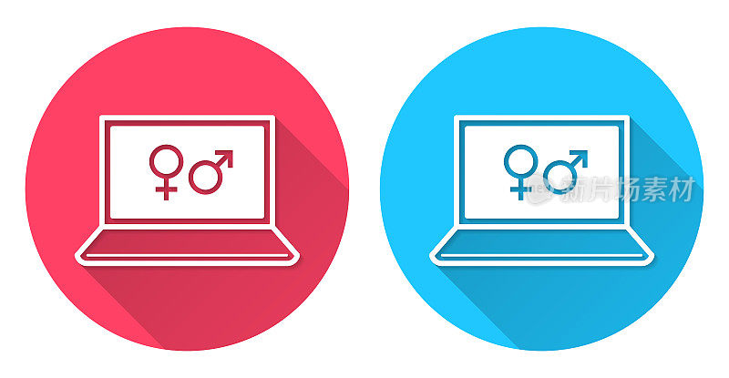 带有性别符号的笔记本电脑。圆形图标与长阴影在红色或蓝色的背景