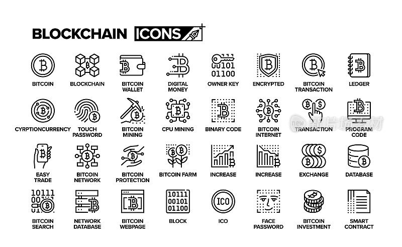 区块链线路图标集。采购产品比特币，货币，未来主义，数字货币，技术，虚拟现实，数据库。