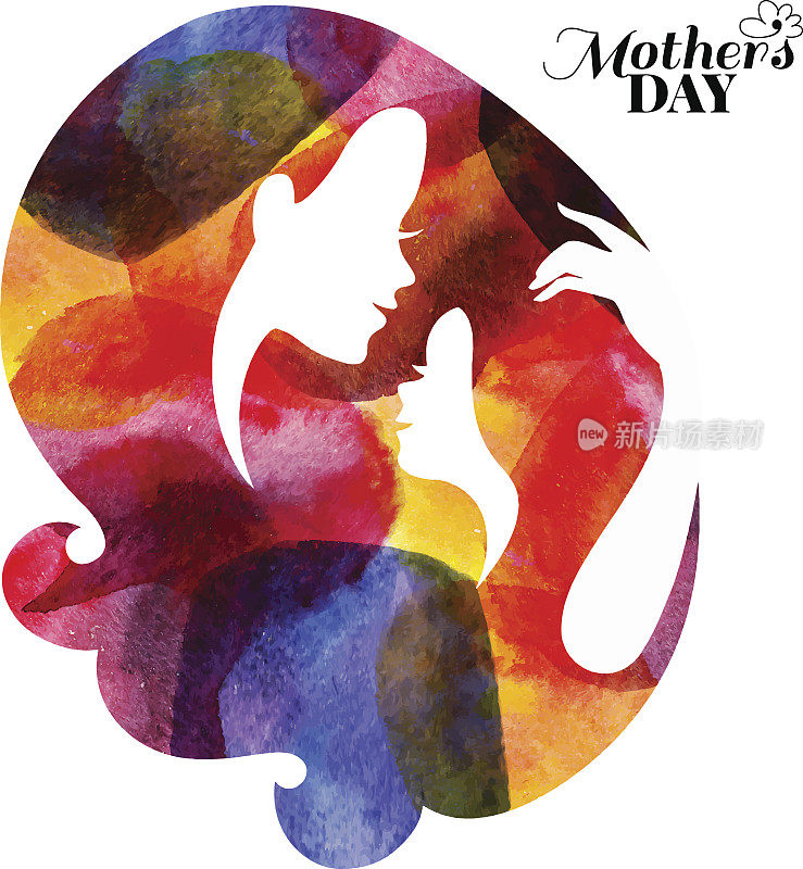 水彩画母亲和她的婴儿剪影。快乐母亲卡片