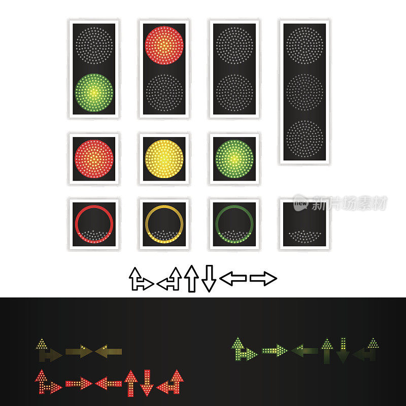 道路交通灯矢量。现实的领导小组。序列灯红，黄，绿。时间，转弯，前进，等待，停止信号。在白色背景上孤立