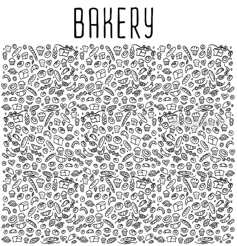 手绘面包店无缝logo背景。