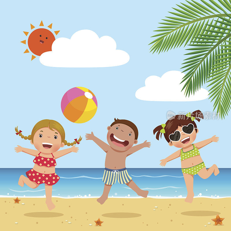 快乐的孩子们在海滩上跳跃