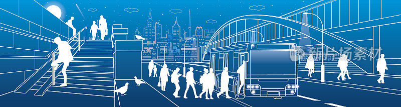城市交通基础设施全景。人们下车。行人拱桥。现代黄昏小镇的背景。白线，夜景。矢量设计艺术