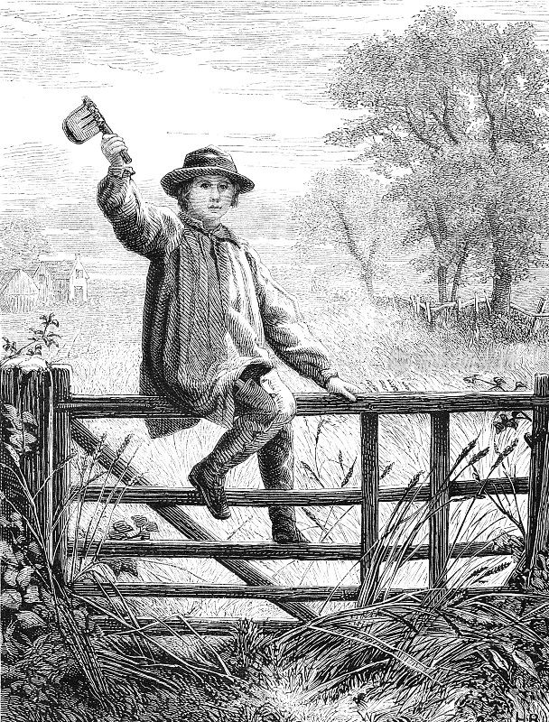 维多利亚时代的版画，一个年轻的农场男孩坐在木门上，手里拿着一个惊吓鸟的拨浪鼓;19世纪的农场生活