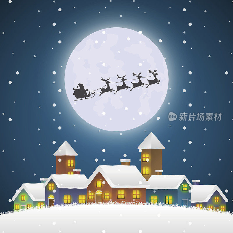 圣诞老人坐着雪橇飞过冬村