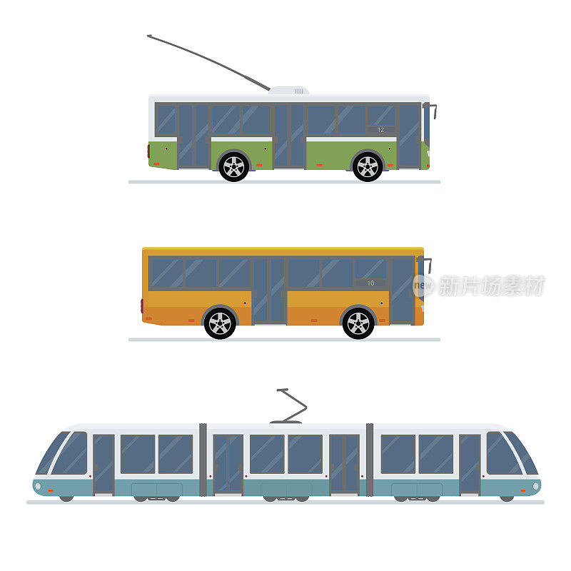 一套城市无轨电车，公共汽车和有轨电车孤立在白色背景。