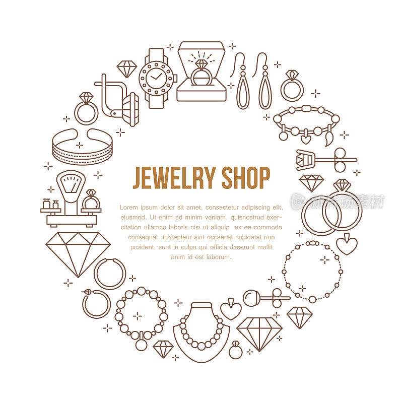 珠宝店，钻石饰品横幅插图。矢量线图标的珠宝-金订婚戒指，宝石耳环，银项链，辉煌。时尚店圈模板与地方的文本
