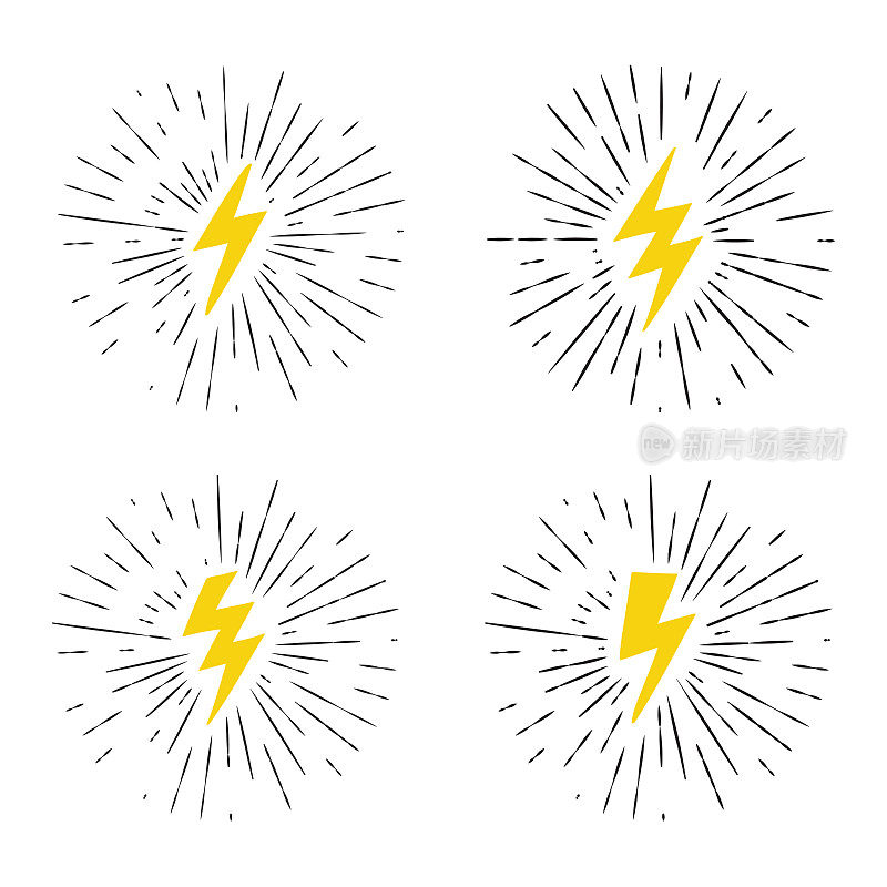 向量黑色和黄色垃圾摇滚复古设置与闪电闪电标志与太阳爆发效果。