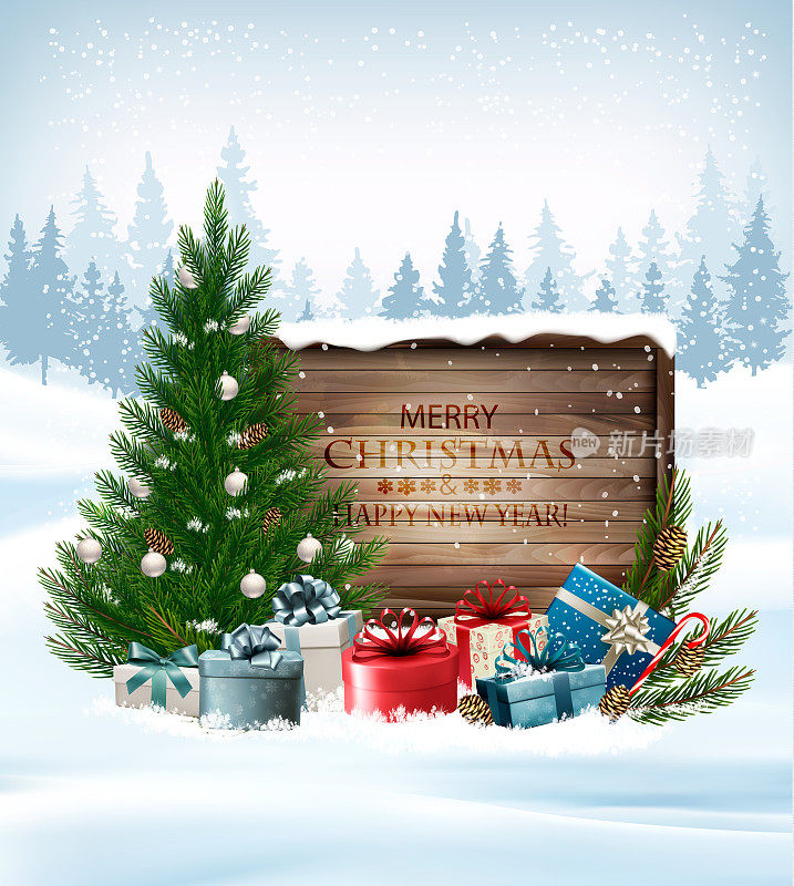 节日背景与圣诞树和礼物。向量