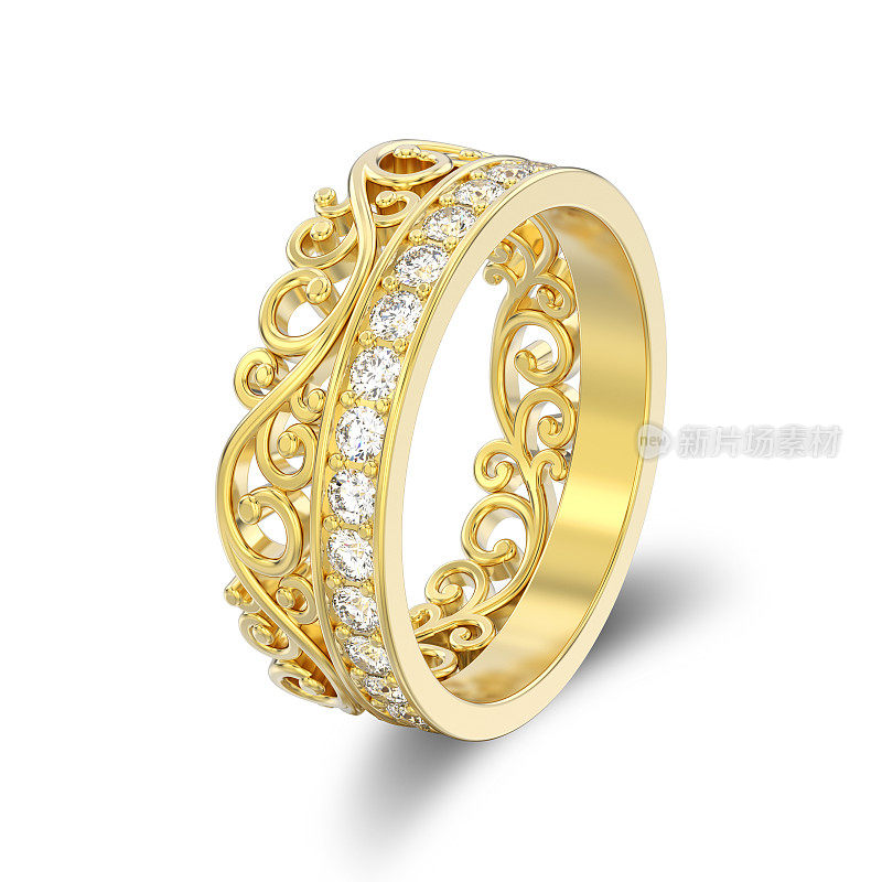 3D插图孤立的黄金装饰王冠钻石戒指与阴影