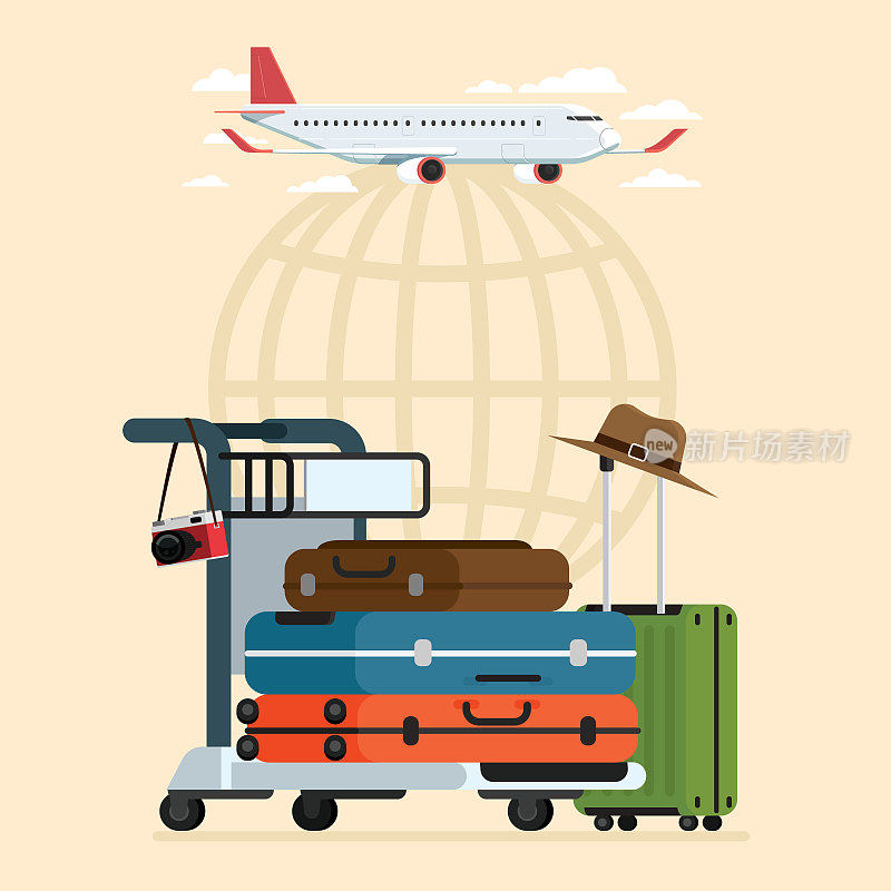 飞机和起飞旅行天空和机场行李手推车旅行和手提箱，矢量插图