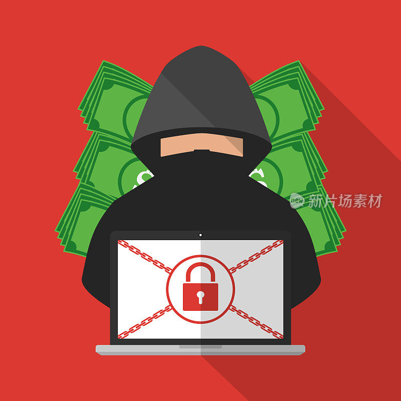 窃贼用带有钞票背景的恶意软件病毒锁定受害者的电脑，以获取赎金。矢量插图网络犯罪技术数据隐私和安全概念。