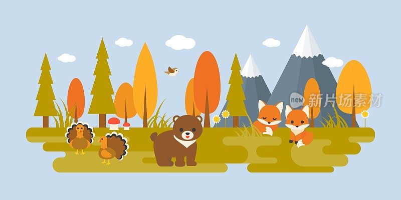 秋天野生的树木和动物在平面设计如熊，火鸡，狐狸，鸟，蘑菇，松树和草。适合感恩节的概念