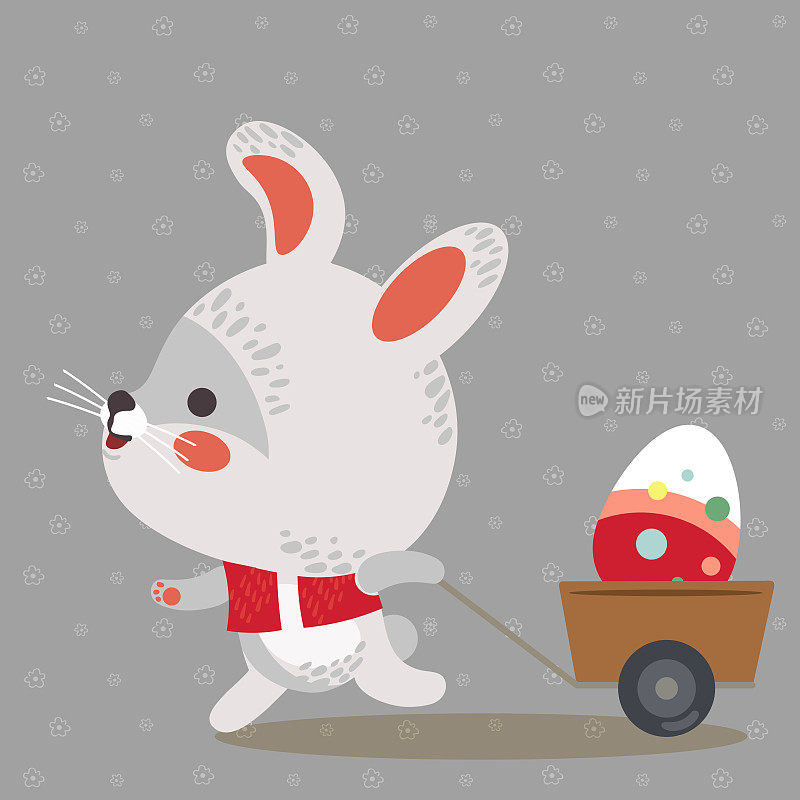 复活节兔子拉着一辆小车，可爱的小白兔抱着装饰彩蛋，快乐的节日猎人矢量贺卡，春天野兔孤立插图