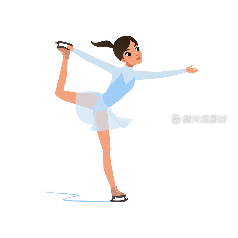 美丽的花样滑冰女孩在短蓝色连衣裙滑冰，女运动员在室内溜冰场练习矢量插图上的白色背景