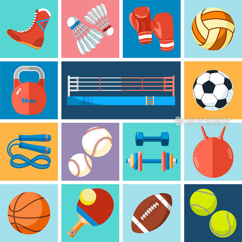 运动球及游戏器材之旗帜。背景宣传海报，广告传单，小册子或小册子，折扣横幅，销售。健康的生活方式的工具。矢量插图。
