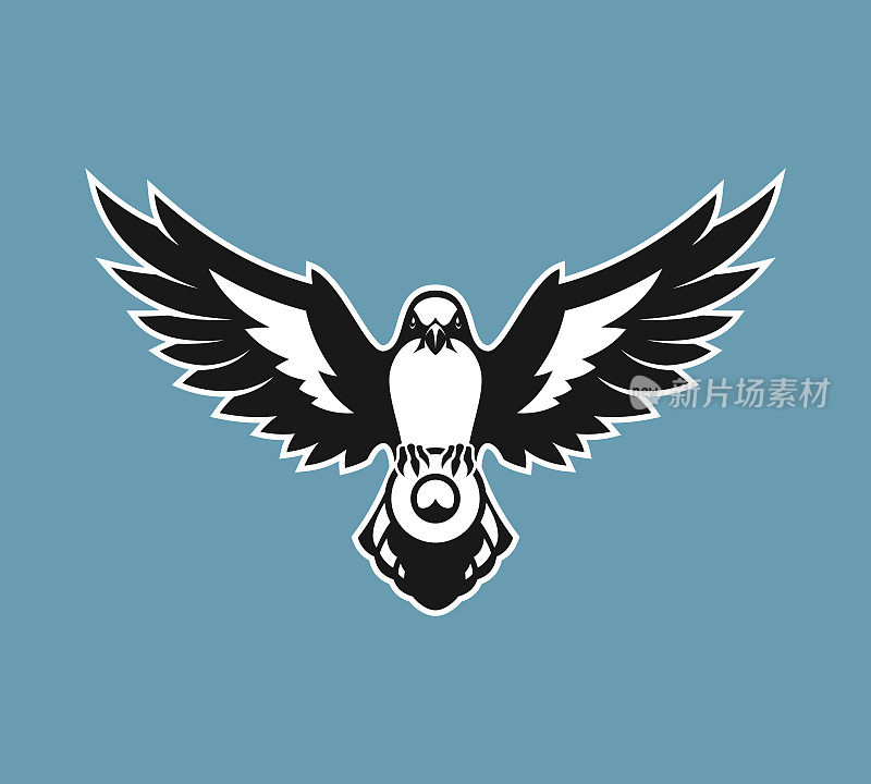 鸟的轮廓。伯劳鸟张开翅膀，举着一个圆形的标志，上面有文字或标志