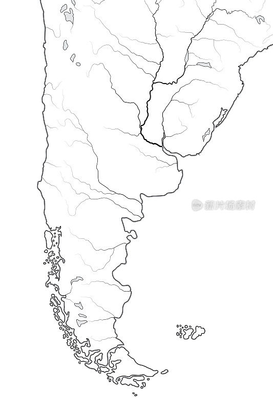 南美巴塔哥尼亚世界地图:阿根廷，智利，巴拉圭，乌拉圭，巴塔哥尼亚，潘帕斯，安第斯，科迪勒拉斯，Paraná河。有河流和海洋海岸线的大陆地理图。