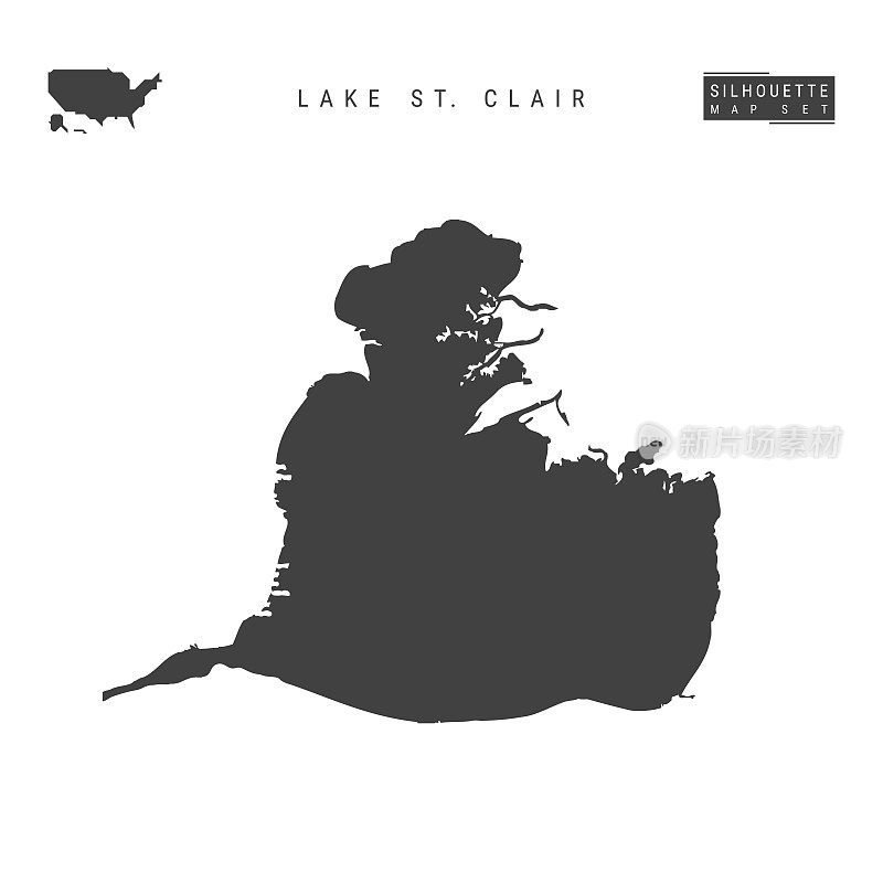 湖圣克莱尔矢量地图孤立的白色背景。圣克莱尔湖的高细节黑色剪影地图