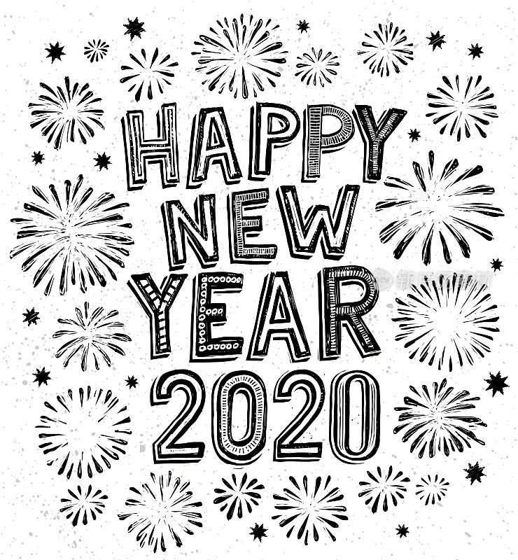 2020年新年快乐涂鸦，烟花背景