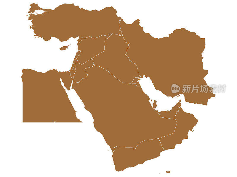 带国家边界的中东政治地图