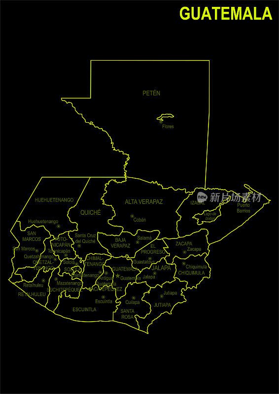 危地马拉黑色背景的霓虹地图
