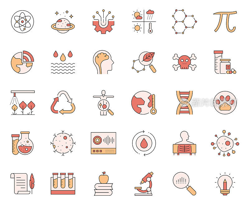 科学相关矢量线图标的简单设置。大纲符号集合