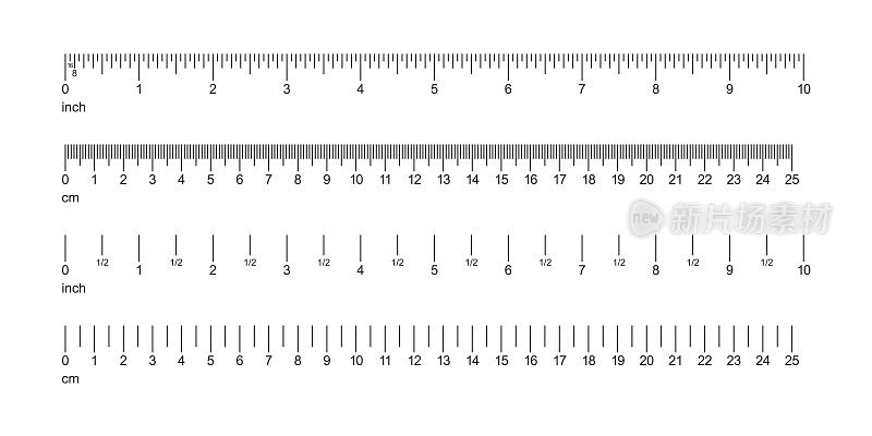 直尺设置-英制和公制。测量工具矢量。10英寸。25厘米