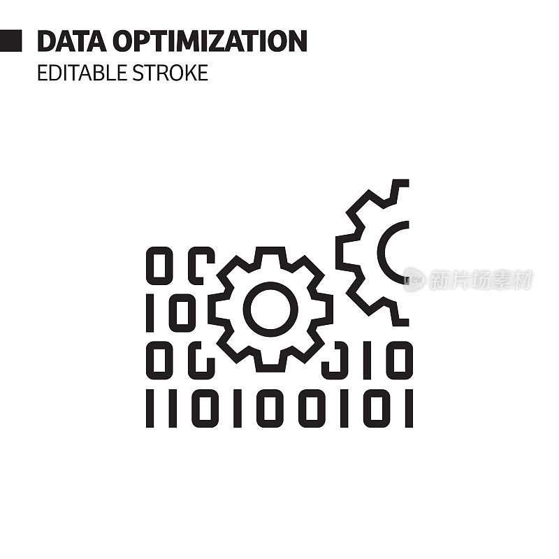 数据优化线图标，轮廓矢量符号插图。完美像素，可编辑的描边。
