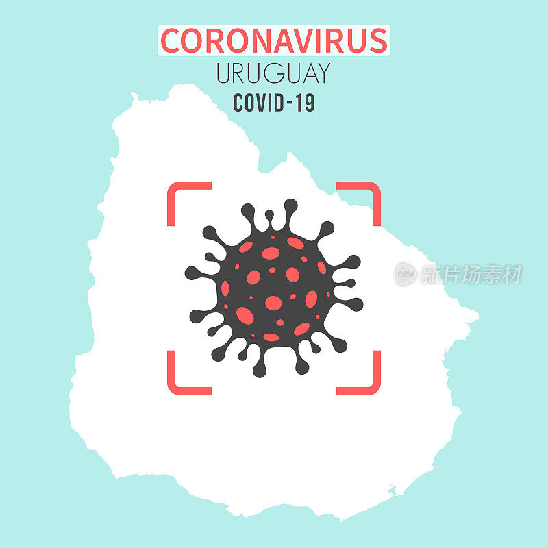 乌拉圭地图，红色取景器中有冠状病毒细胞(COVID-19)