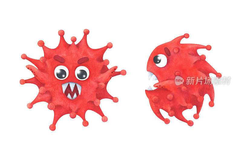 卡通风格的冠状病毒。COVID-19是一种危险的病毒。角色是一种红色的邪恶微生物。水彩插图。人类感染，肺炎，流行病，大流行，隔离。一个有触手的怪物。