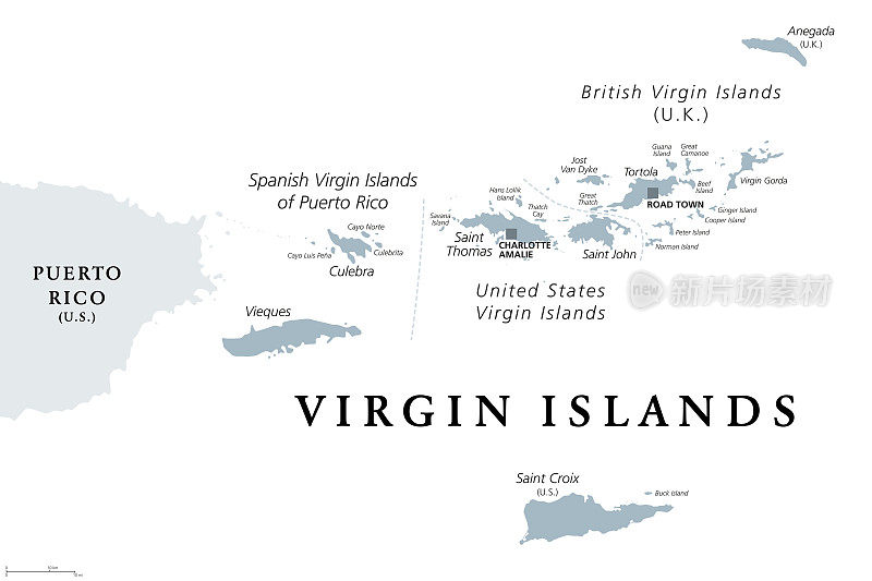 英国，西班牙和美属维尔京群岛，灰色政治地图
