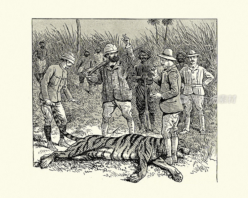 大猎物猎人站在老虎身上，印度