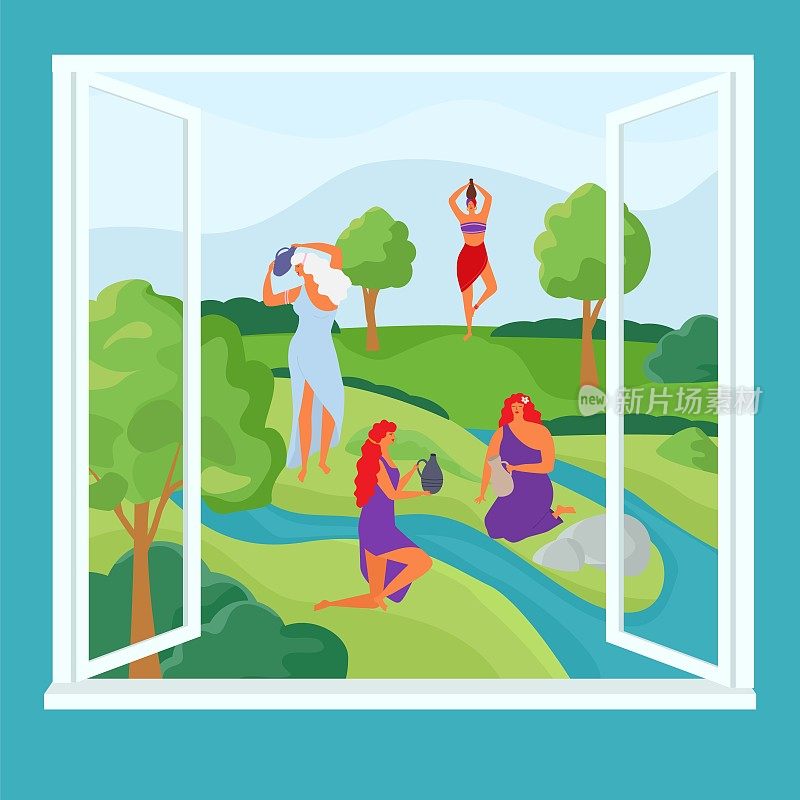 河与女人的性格在卡通窗口，矢量插图。女孩在自然和树捡水。绿草地景观