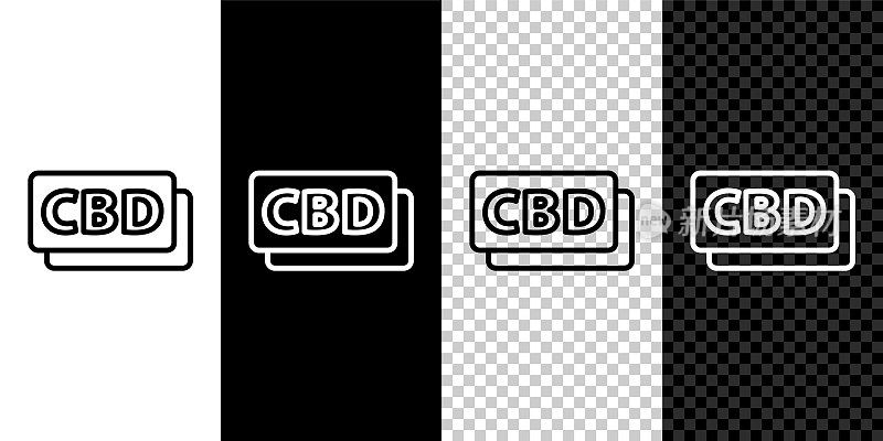 设置线大麻分子图标孤立在黑色和白色背景。大麻二酚分子结构，四氢大麻酚和CBD的配方。大麻的迹象。矢量图