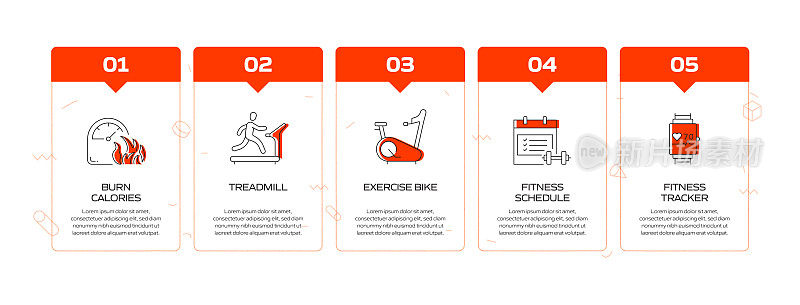 健身和锻炼相关的过程信息图表模板。过程时间图。使用线性图标的工作流布局