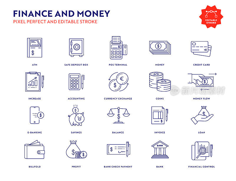 金融和金钱图标设置可编辑的笔触。