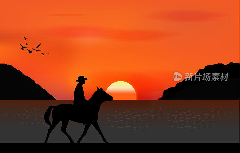 图形图像的男子骑在海边与剪影黄昏是一个日落在海上与山的背景，设计矢量插图