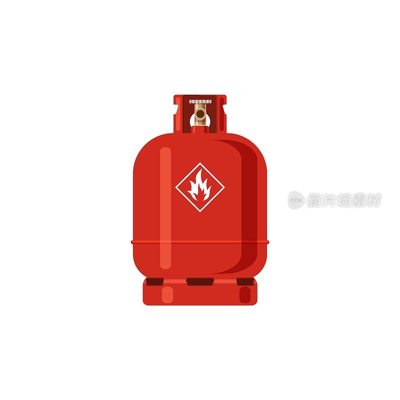 气瓶。红色液化石油气丙烷容器，带有火焰标志，装有工业液化气压缩高压氧气，罐式燃料储存。矢量平面单一孤立对象