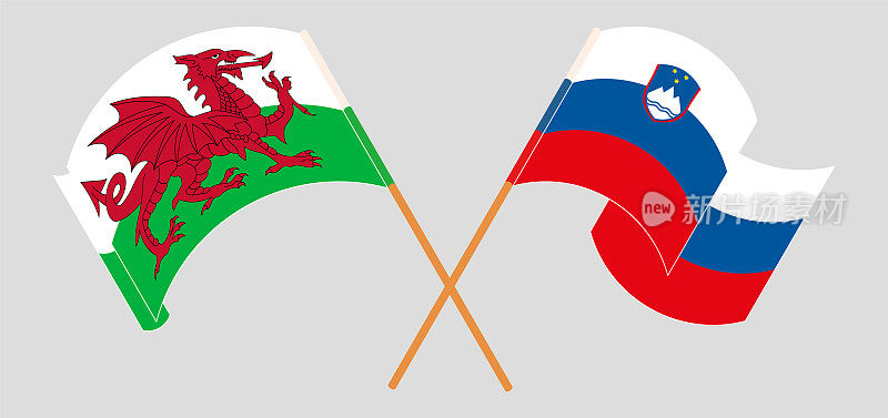 威尔士和斯洛文尼亚国旗交叉并飘扬
