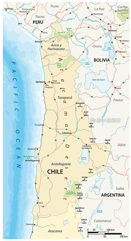 矢量道路和智利北部阿塔卡马沙漠国家公园地图