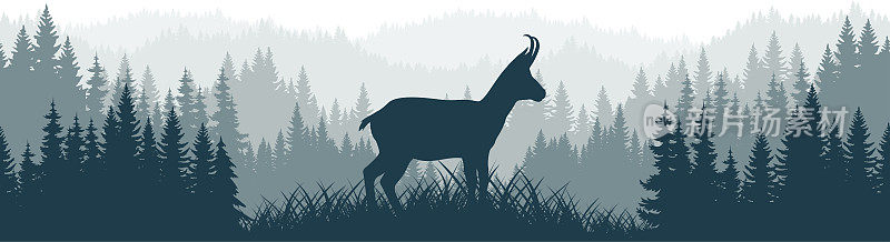 向量山脉森林林地背景纹理无缝与野生岩羚羊图案